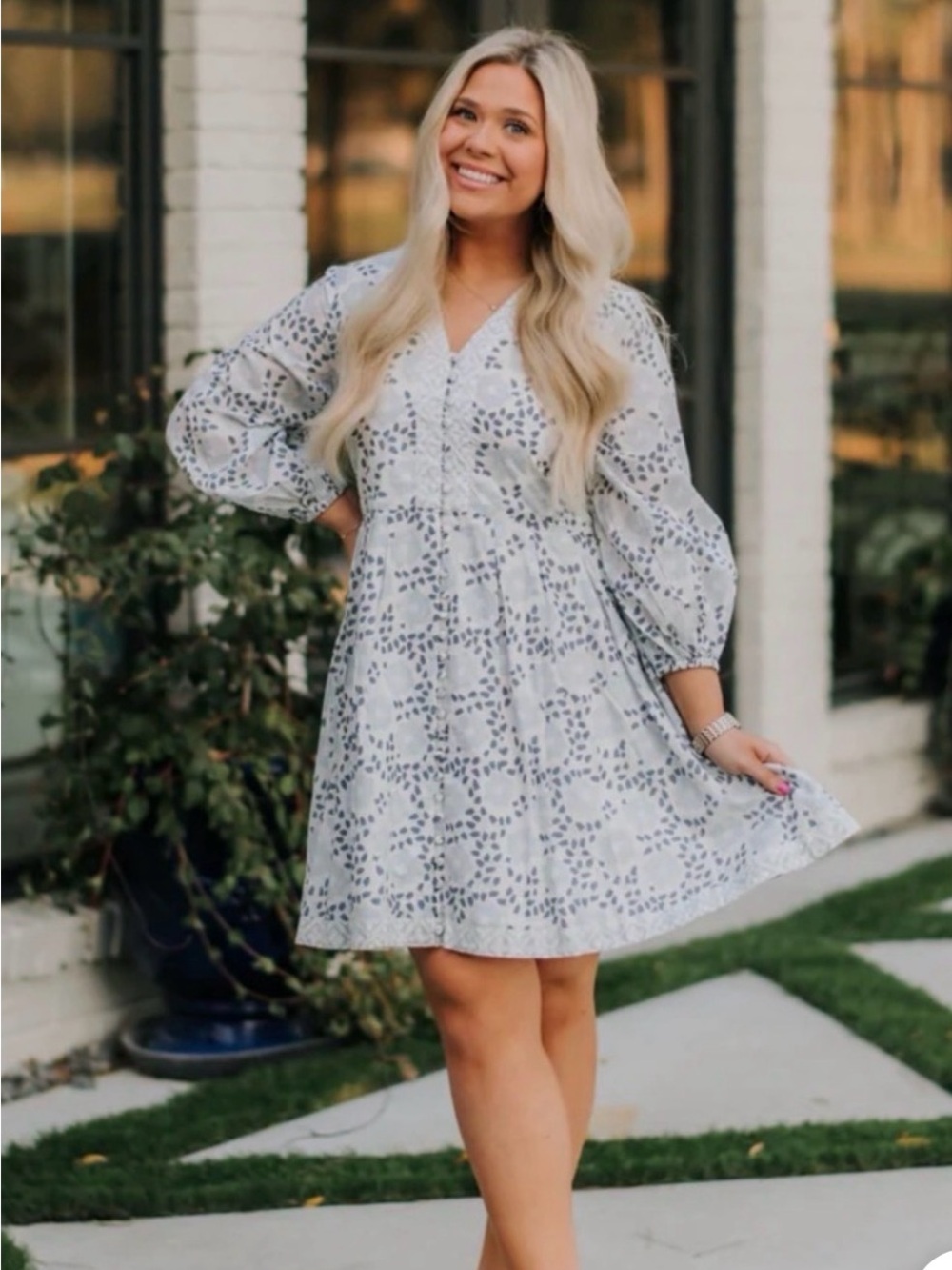 New White and Light Blue Floral V-Neck Sloana Dress